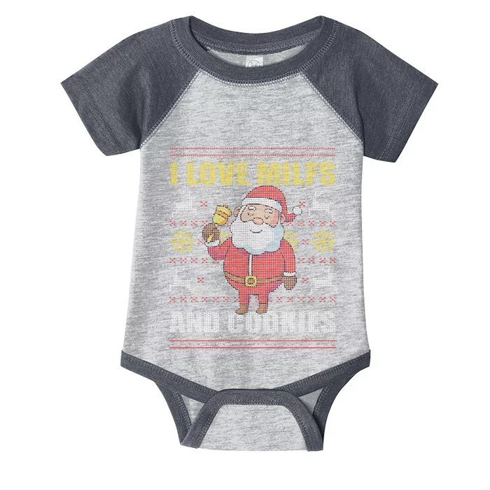 I Love Milfs and Cookies Funny Adult Christmas ugly sweater Infant Baby Jersey Bodysuit