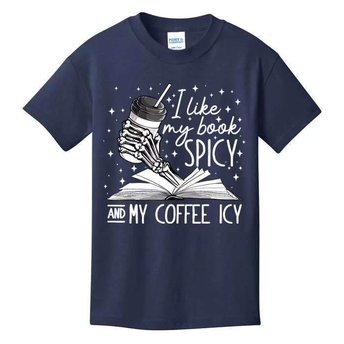 I Like My Books Spicy And My Coffee Icy Skeleton Book Lovers Kids T-Shirt