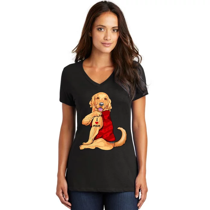 I Love Mom Funny Golden Retriever Women's V-Neck T-Shirt