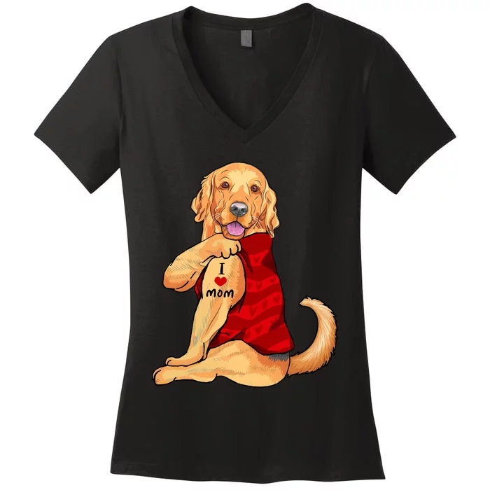 I Love Mom Funny Golden Retriever Women's V-Neck T-Shirt