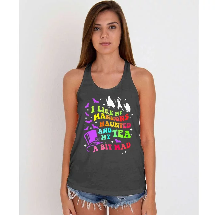 I Like My Mansions Haunted And My Tea A Bit Mad Halloween Women's Knotted Racerback Tank