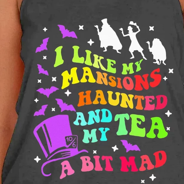 I Like My Mansions Haunted And My Tea A Bit Mad Halloween Women's Knotted Racerback Tank