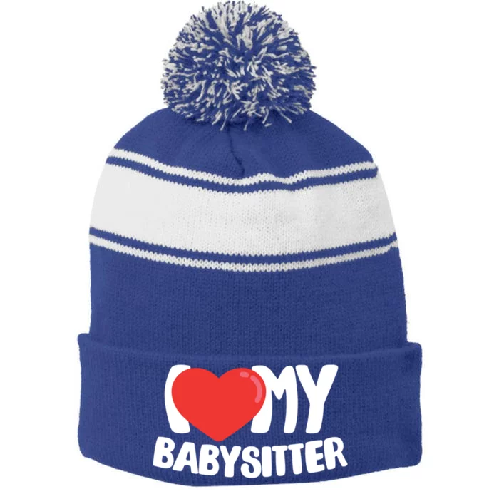 I Love My Sitter Great Gift Stripe Pom Pom Beanie