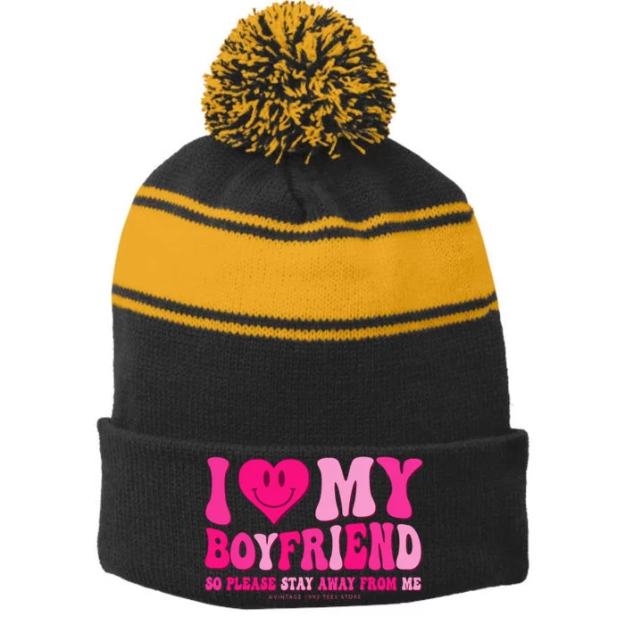 I Love My Boyfriend Valentines Day I Heart My Boyfriend BF Stripe Pom Pom Beanie