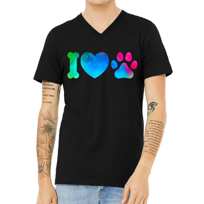 I Love My Dog Paw Print Colorful V-Neck T-Shirt