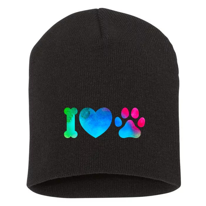 I Love My Dog Paw Print Colorful Short Acrylic Beanie