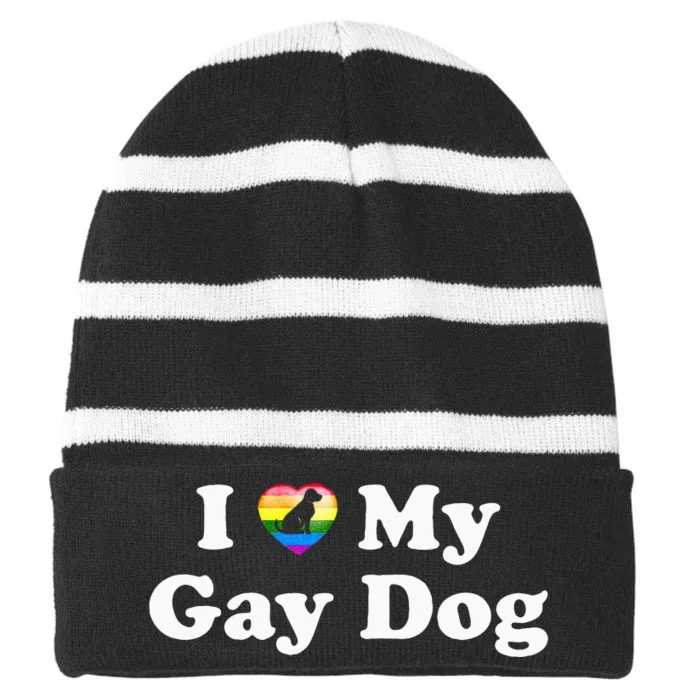 I Love My Gay Dog Heart Funny LGBT Pet Pride Proud Parent Striped Beanie with Solid Band