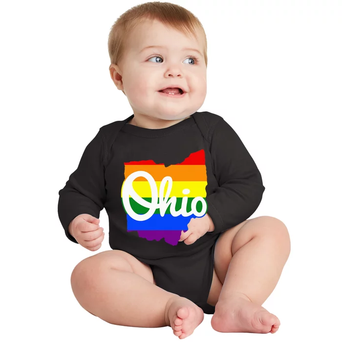 I Love My Ohio Home Script Ohio Pride Flag Baby Long Sleeve Bodysuit