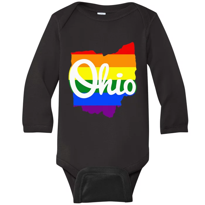 I Love My Ohio Home Script Ohio Pride Flag Baby Long Sleeve Bodysuit