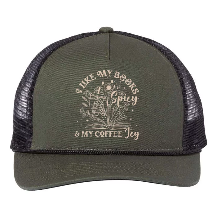 I Like My Books Spicy And My Coffee Icy Skeleton Book Lovers Retro Rope Trucker Hat Cap