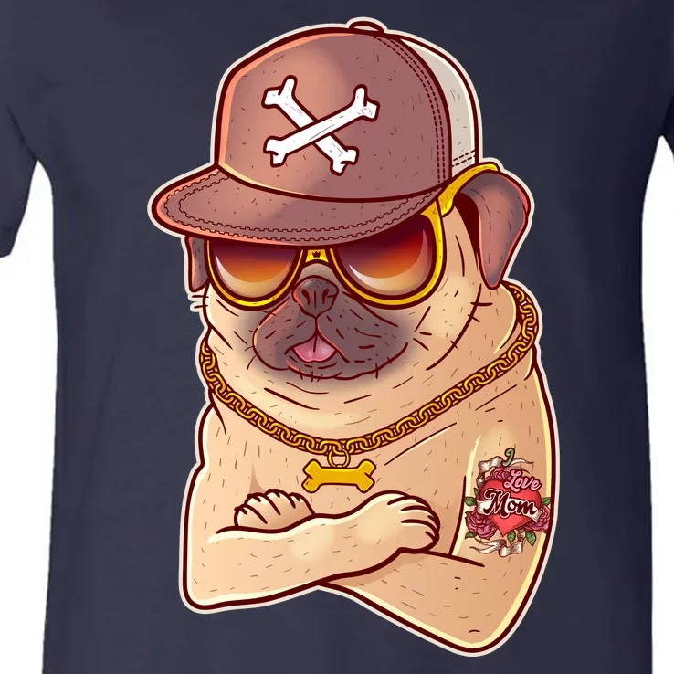 I Love Mom Tattoo Pug Dog V-Neck T-Shirt