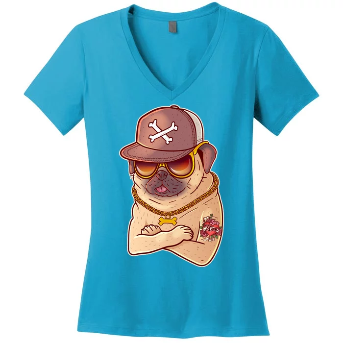 I Love Mom Tattoo Pug Dog Women's V-Neck T-Shirt