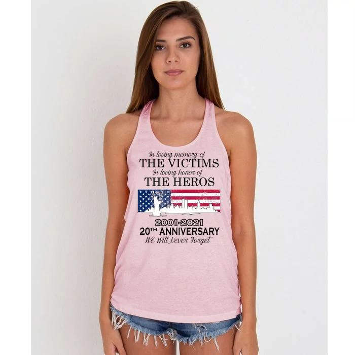 In Loving Memory Of The Victims Heroes 9/11 20th Anniversary Women's Knotted Racerback Tank