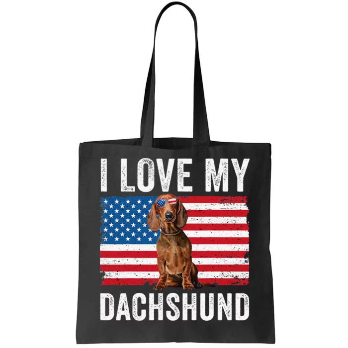 I Love My Dachshund Dad Mom American Flag Weiner Dog Doxie Tote Bag