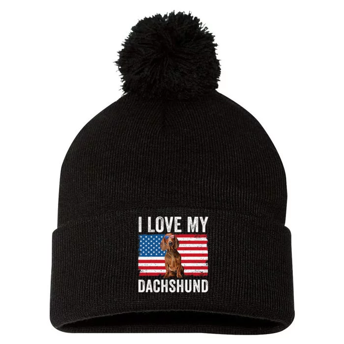 I Love My Dachshund Dad Mom American Flag Weiner Dog Doxie Pom Pom 12in Knit Beanie