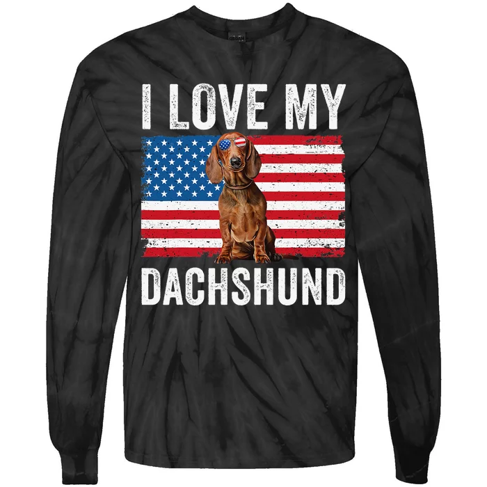 I Love My Dachshund Dad Mom American Flag Weiner Dog Doxie Tie-Dye Long Sleeve Shirt