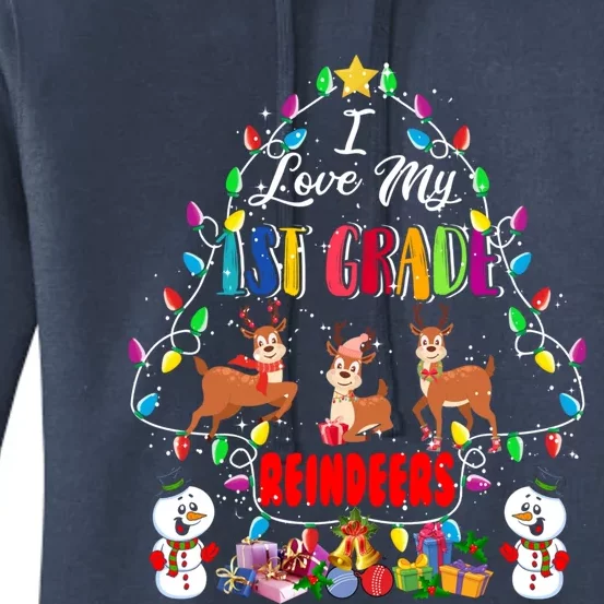 I Love My 1st Grade Reindeers Christmas Light Tree Teacher Funny Gift Women's Pullover Hoodie