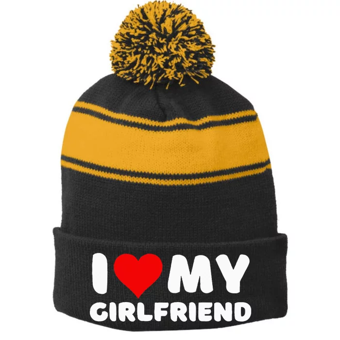 I Love My Girlfriend Stripe Pom Pom Beanie