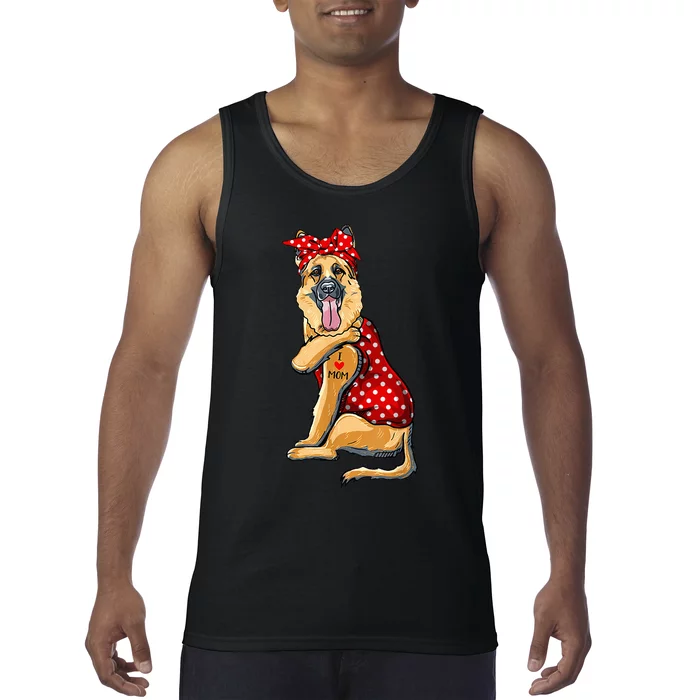 I Love Mom Tattoo Funny German Shepherd Dog Wearing Bandana Tank Top