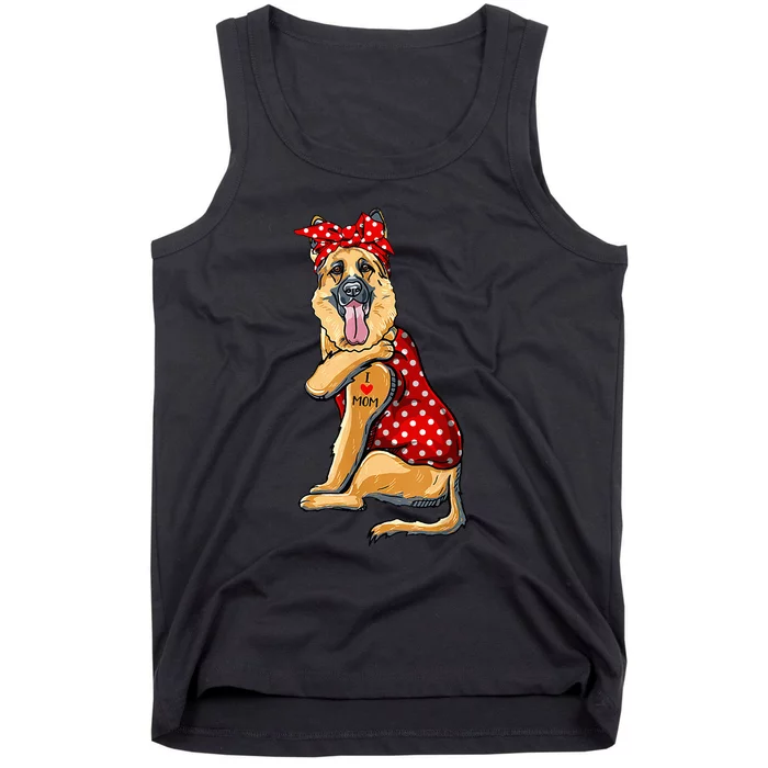 I Love Mom Tattoo Funny German Shepherd Dog Wearing Bandana Tank Top