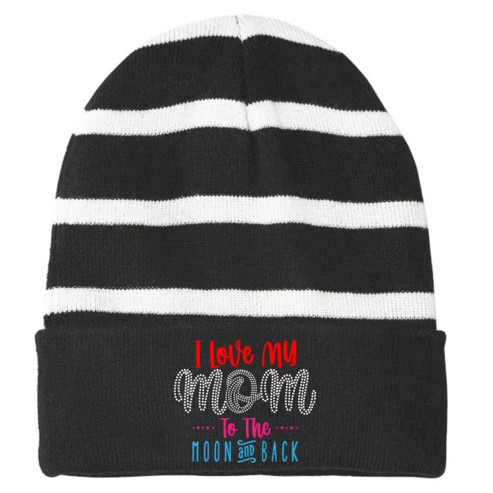 I Love My Mom To The Moon And Back Striped Beanie with Solid Band