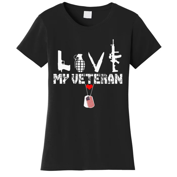 I Love My Veteran Flag Heart Dogtag Military Women's T-Shirt