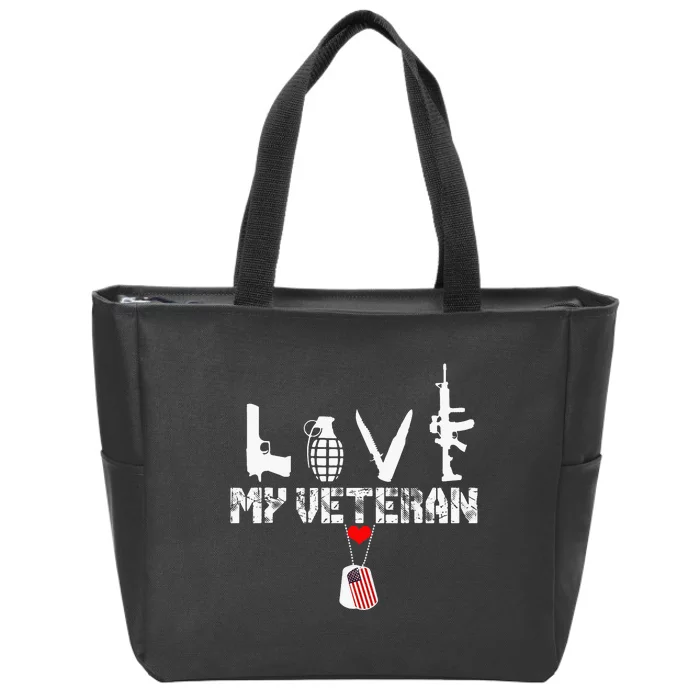 I Love My Veteran Flag Heart Dogtag Military Zip Tote Bag