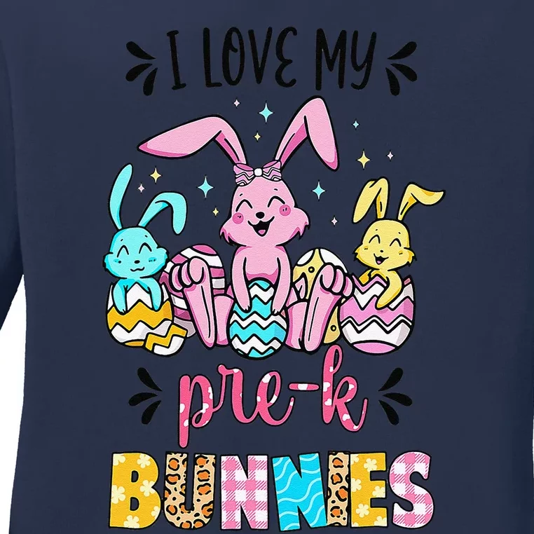 I Love My Pre K Bunnies Cute Teacher Easter Day Bunny Egg Ladies Long Sleeve Shirt