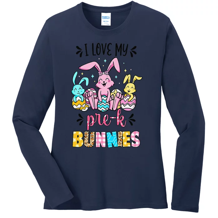 I Love My Pre K Bunnies Cute Teacher Easter Day Bunny Egg Ladies Long Sleeve Shirt