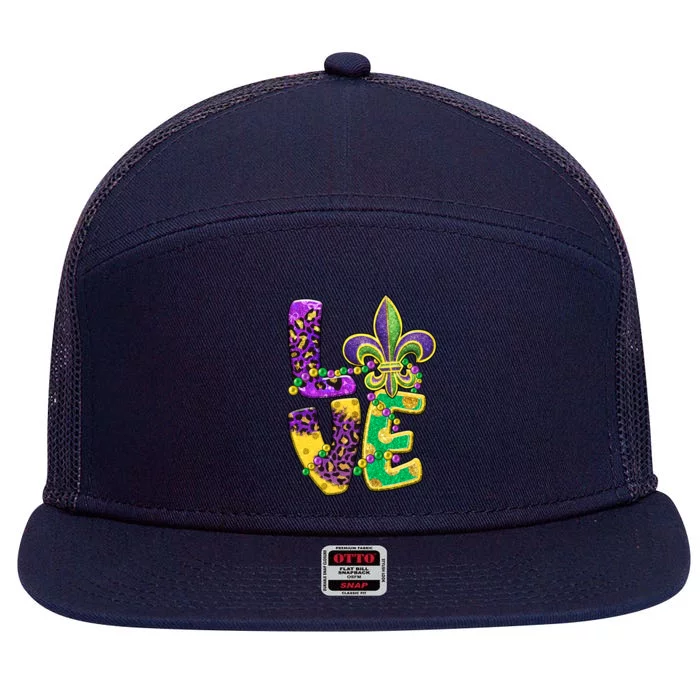 I Love Mardi Gras For Matching Family Fleur De Lis 7 Panel Mesh Trucker Snapback Hat