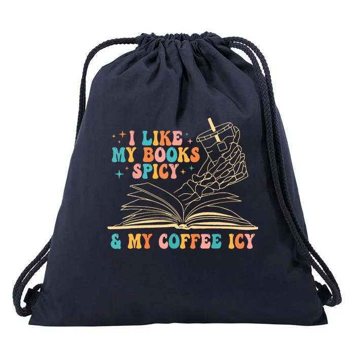 I Like My Books Spicy And My Coffee Icy Skeleton Hand Book Drawstring Bag