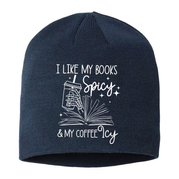 I Like My Books Spicy And My Coffee Icy Skeleton Hand Book Lover 8 1/2in Sustainable Knit Beanie