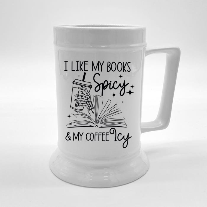 I Like My Books Spicy And My Coffee Icy Skeleton Hand Book Lover Front & Back Beer Stein