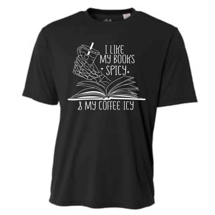 I Like My Books Spicy And My Coffee Icy Skeleton Hand Book Lover Cooling Performance Crew T-Shirt