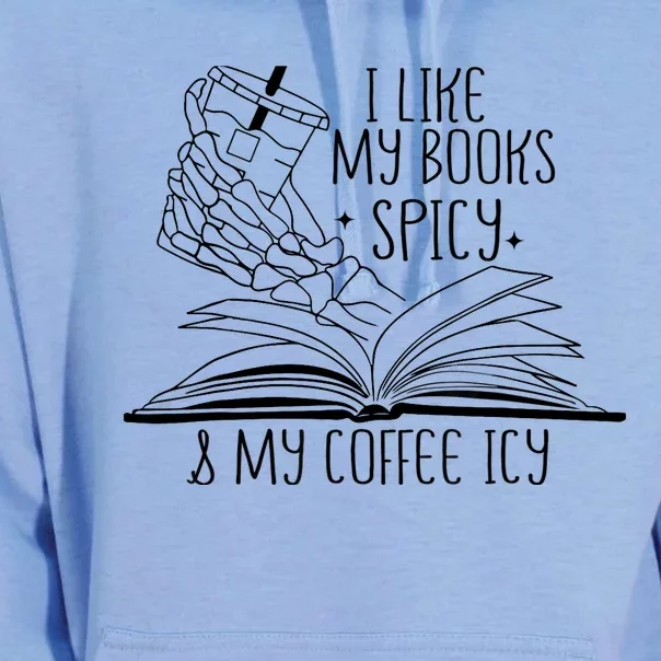 I Like My Books Spicy and My Coffee Icy Skeleton Hand Book Unisex Surf Hoodie