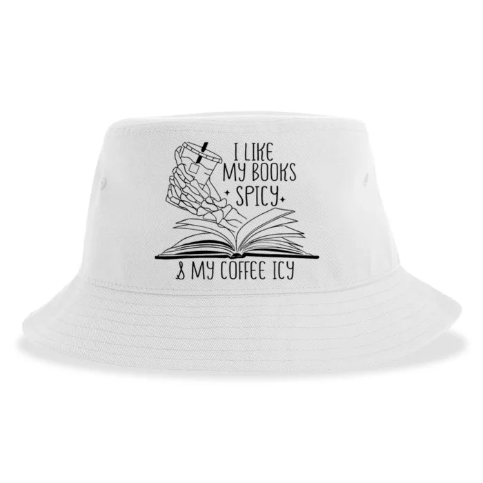 I Like My Books Spicy and My Coffee Icy Skeleton Hand Book Sustainable Bucket Hat