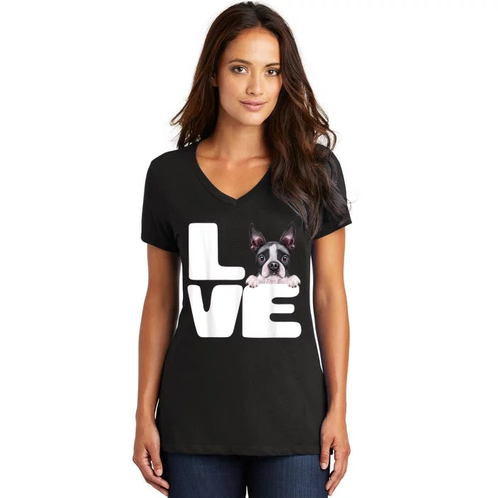 I Love My Boston Terrier Dog Lover Women's V-Neck T-Shirt