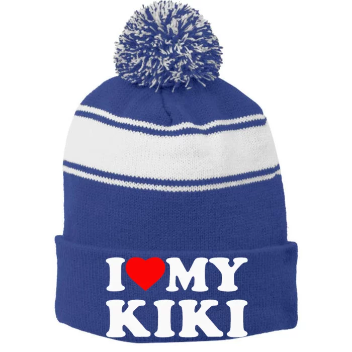 I Love My Kiki Heart Stripe Pom Pom Beanie