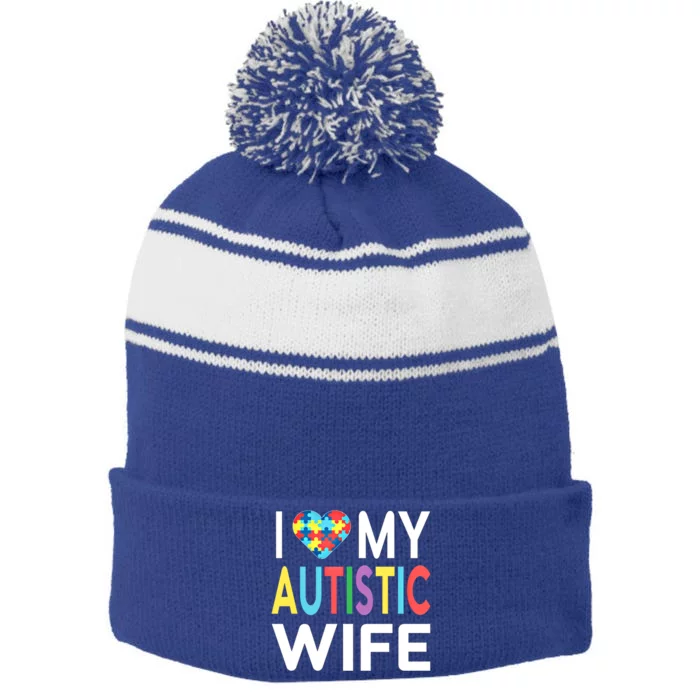 I Love My Autistic Wife I Heart My Wife With Autism Cute Gift Stripe Pom Pom Beanie