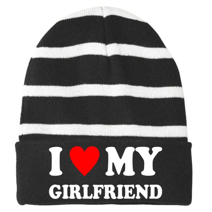 I Love My Girlfriend Heart Boyfriend Couples Striped Beanie with Solid Band