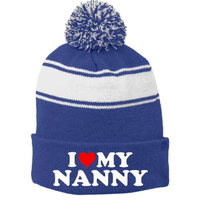 I Love My Nanny Red Heart Stripe Pom Pom Beanie