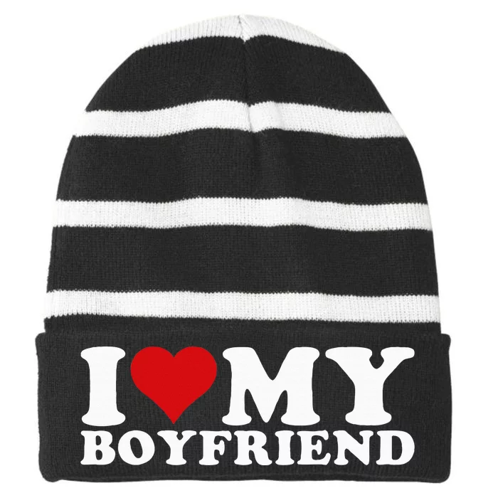 I Love My Boyfriend Bf I Heart My Boyfriend Bf Striped Beanie with Solid Band