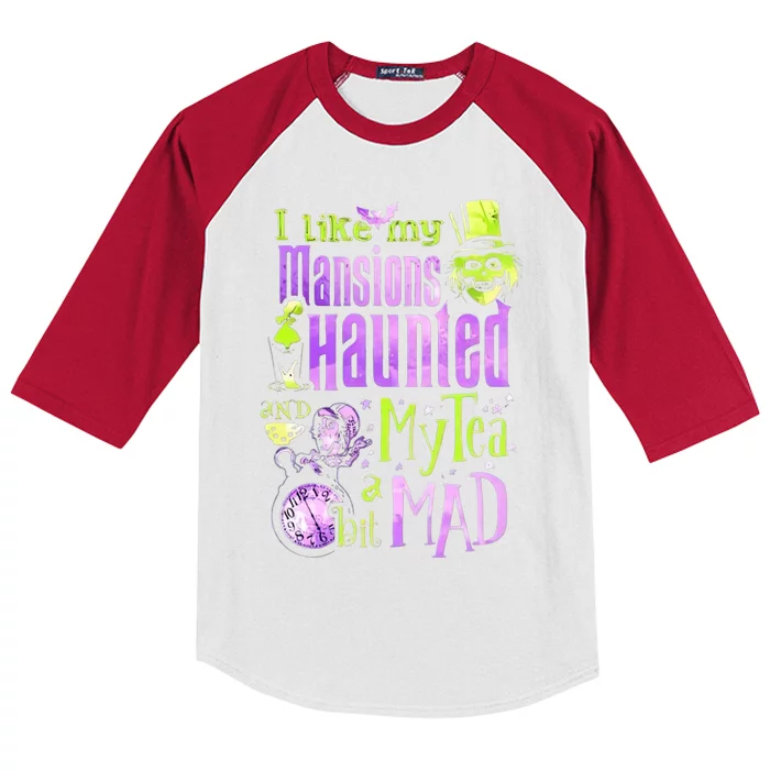 I Like My Mansions Haunted And My Tea A Bit Mad Halloween Kids Colorblock Raglan Jersey