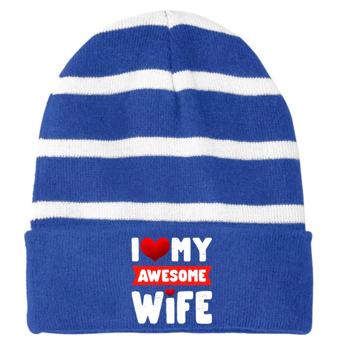 I Love My Awesome Wife Cute Valentine's Day Couples Gift Striped Beanie with Solid Band