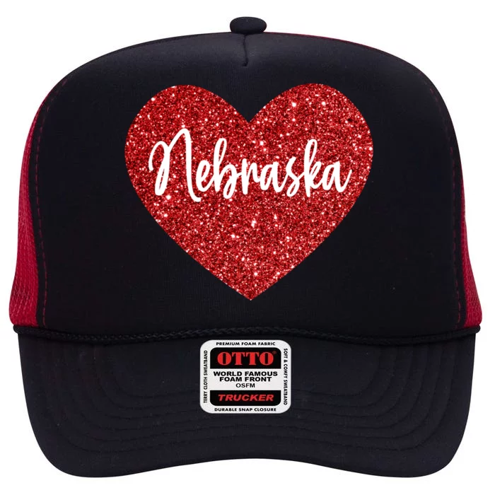 I Love Nebraska Usa Red Heart Cute Gift High Crown Mesh Trucker Hat