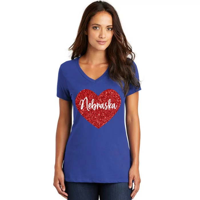 I Love Nebraska Usa Red Heart Gift Women's V-Neck T-Shirt