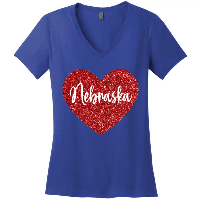 I Love Nebraska Usa Red Heart Gift Women's V-Neck T-Shirt