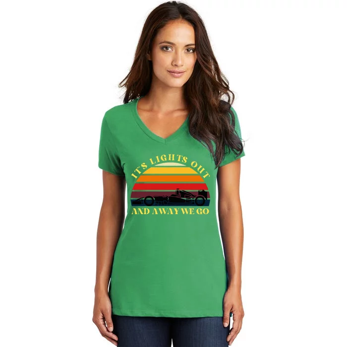 Its Lights Out And Away We Go Retro Sunset Formula Racing Women's V-Neck T-Shirt