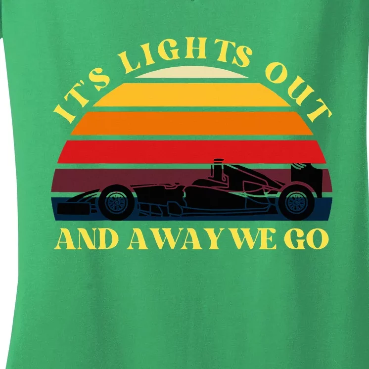 Its Lights Out And Away We Go Retro Sunset Formula Racing Women's V-Neck T-Shirt