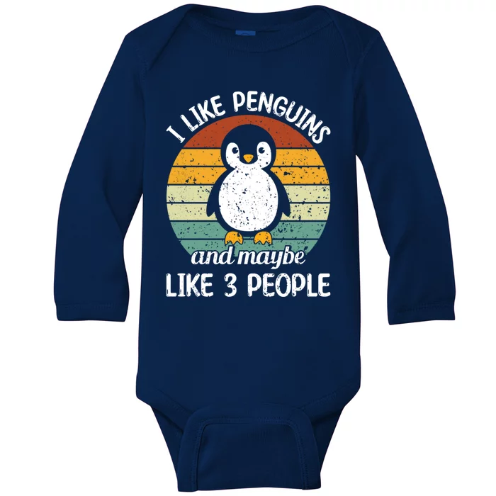 I Like Penguins And Maybe Like 3 People Retro Penguin Gift Baby Long Sleeve Bodysuit